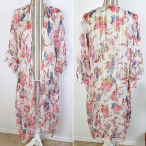 Betsey Johnson Floral Print Sheer Kimono Ruffled Swim Cover-up Loungewear O/S